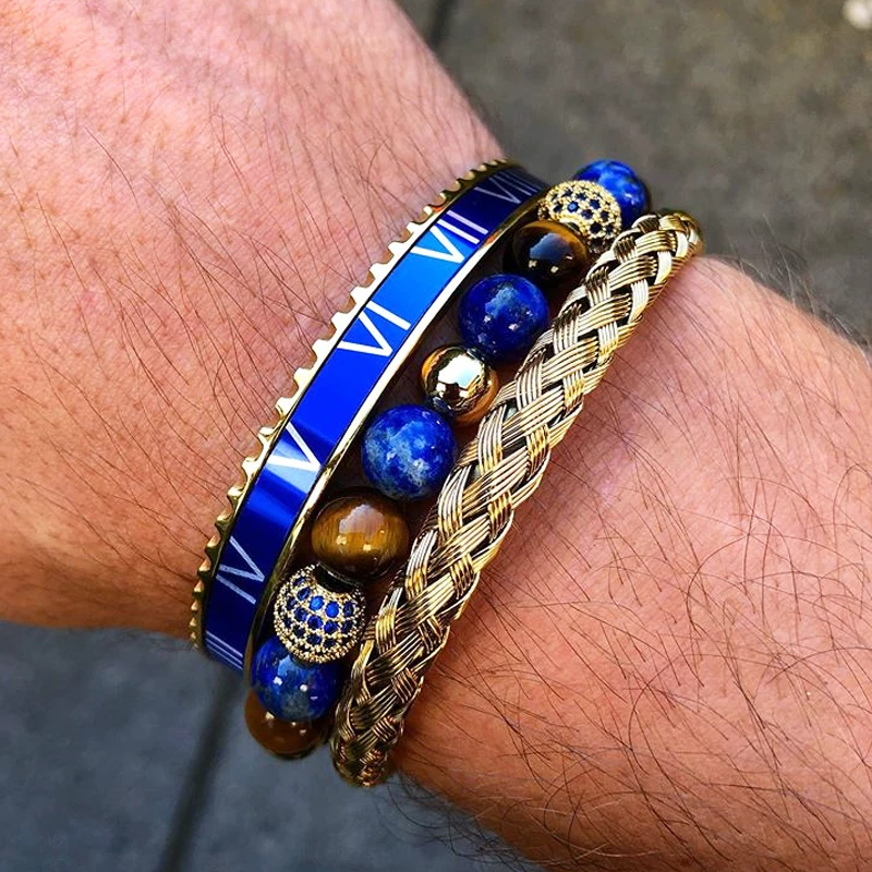 High Quality Men Jewelry Gold Bangle Bracelet Stainless Steel Blue Roman Tiger Eye Stone CZ Ball Macrame Bracelet Bangle Men