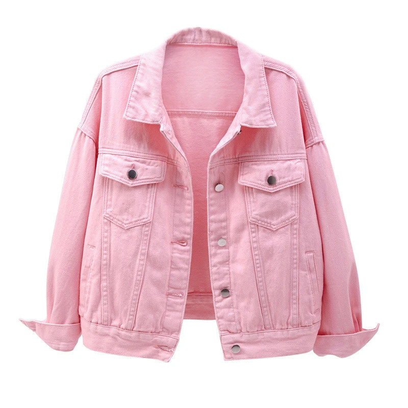 Women's plus size denim jacket spring autumn short coat pink jean jackets casual tops purple yellow white loose outerwear KW02