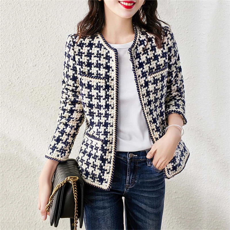 Plaid Tweed Jackets Women O-Neck Long Sleeve Office Lady Wool Coats Autumn Winter Outwear Vintage Korean Elegant Plus Size B380