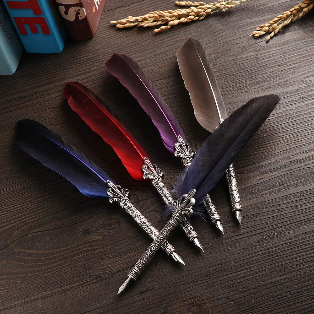 1 Set Multicolor Retro Quill Dip Pen Turkey Feather Pen Quill Oblique + 5 Nibs+ Pen Set Gift Writing Tools Office School Supply