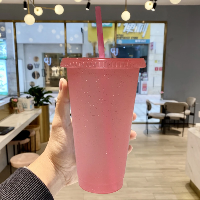 Creative Straw Cup Sequined Glitter Cup Colorful Coffee Juice Straw Mug  Simple Cute Net Red Plastic Bottom Outdoor Portable Cup