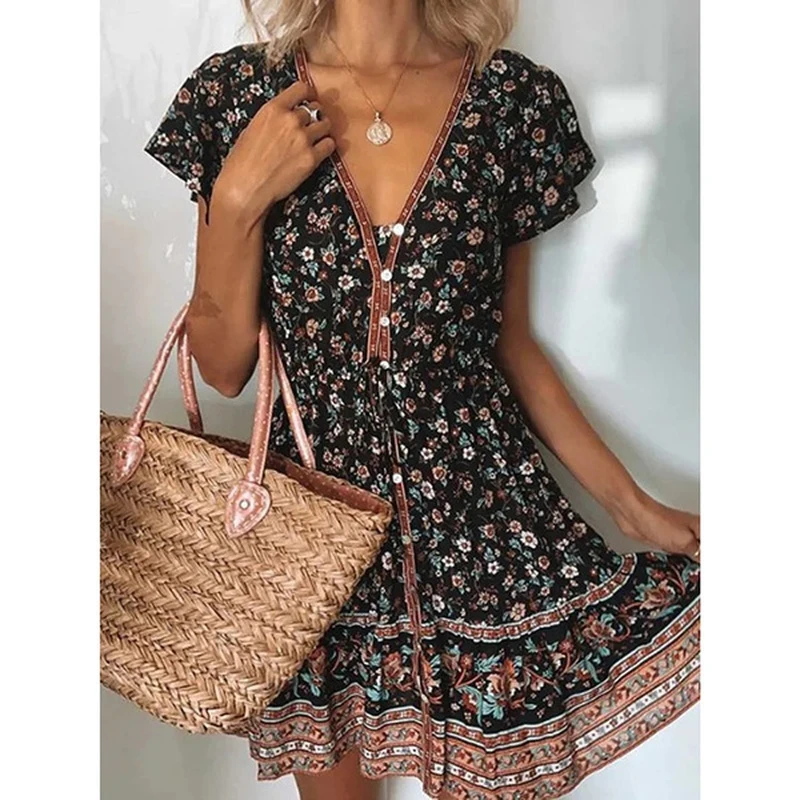 Floral Dress Women Summer Fashion Short Sleeves V-neck Dresses Multi-colored Girly Sweet Vintage Oversized Ladies Dress