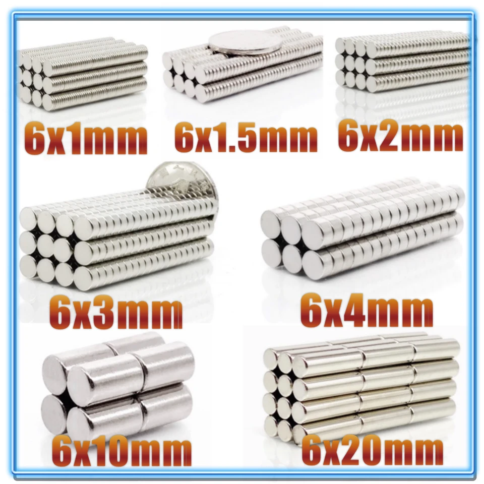 20~1000Pcs N35 Round Magnet 6x1 6x2 6x3 6x4 6x10 6x20 6x1.5 Neodymium Magnet Permanent NdFeB Super Strong Powerful Magnets 6*20