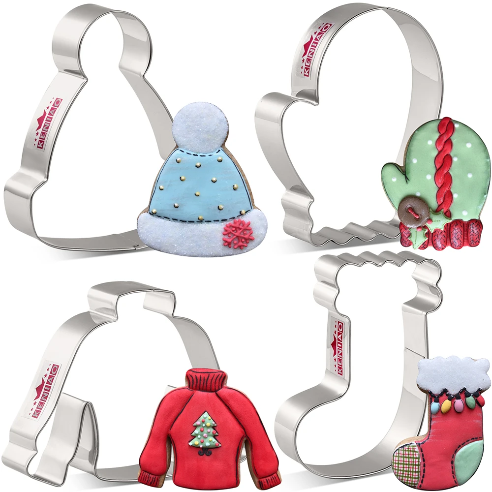 KENIAO Winter Christmas Cookie Cutter - 4PC - Hat, Mitten, Ugly Sweater, Stocking Biscuit Sandwich Bread Molds - Stainless Steel