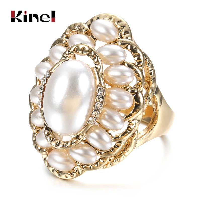 Kinel 2020 New Boho Pearl Ring For Women Fashion Gold Color Austrian Crystal CZ Big Rings Wedding Jewelry Drop Shipping