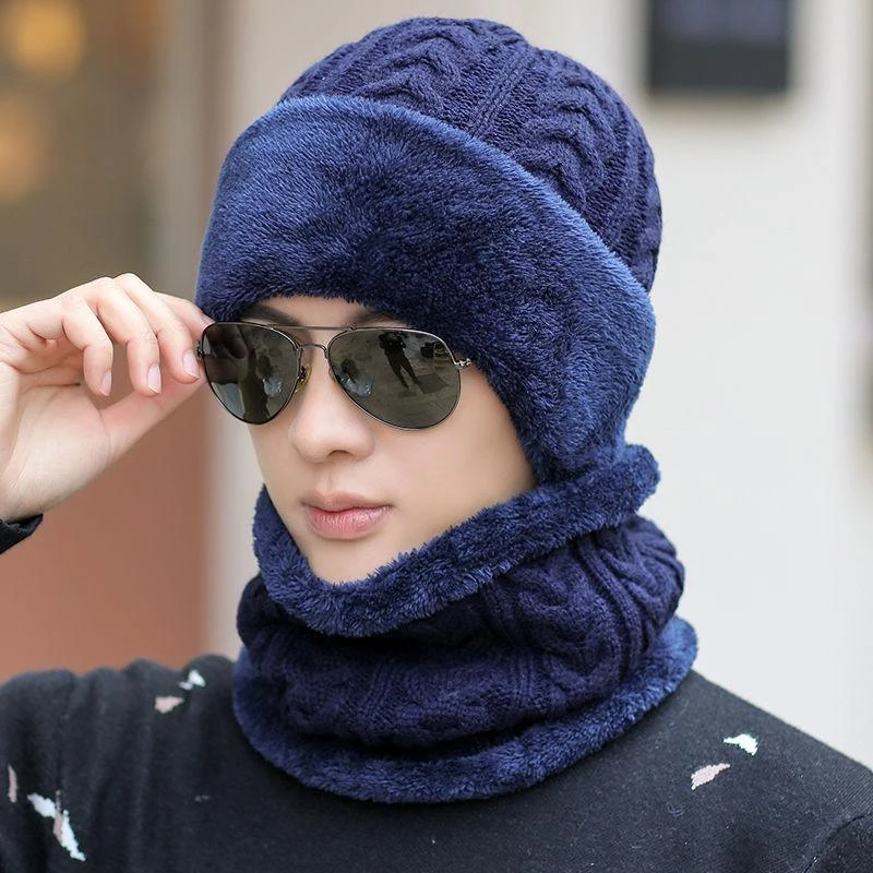 New Unisex Add Fleece Lined Winter Hat Wool Warm Knitted Hat Set Thick Soft Stretch Winter Hats For Men Women Leisure Beanie Cap