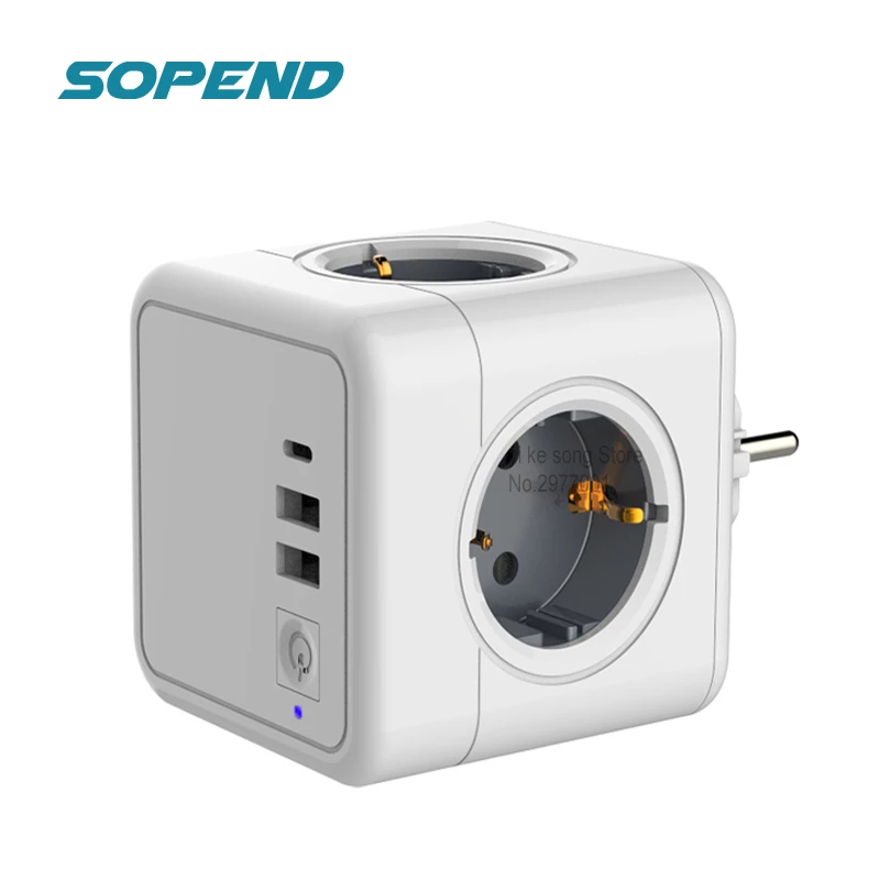 Sopend PowerCube Power Strip EU Plug With USB Tpye-C Switch Smart Socket 4 Outlet Wall Extension Desktop Fast Charging for Home