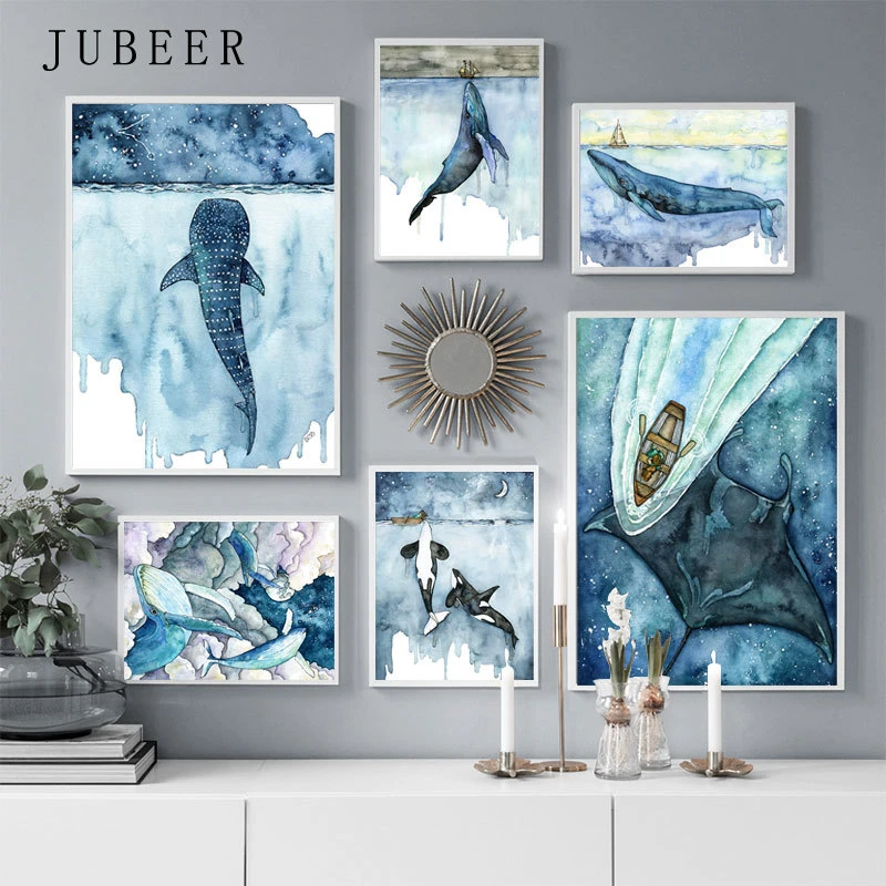 Nordic Style Whale Canvas Painting Watercolor Sea Animals Posters and Prints for Living Room Wall Art Home Decorative Picture