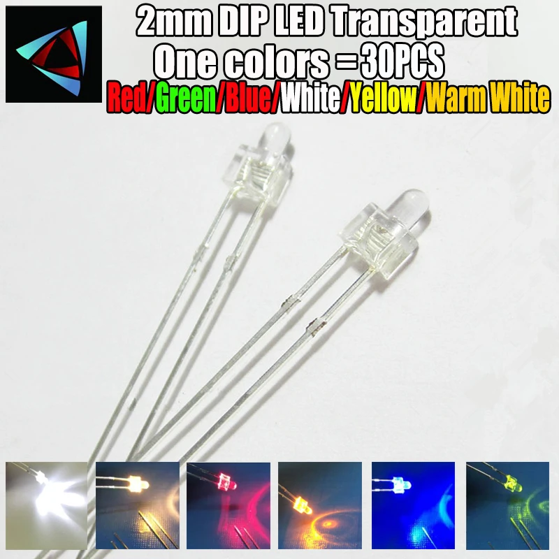 30Pcs 2MM LED Diode Mixed Color Red Green Yellow Blue White warm white