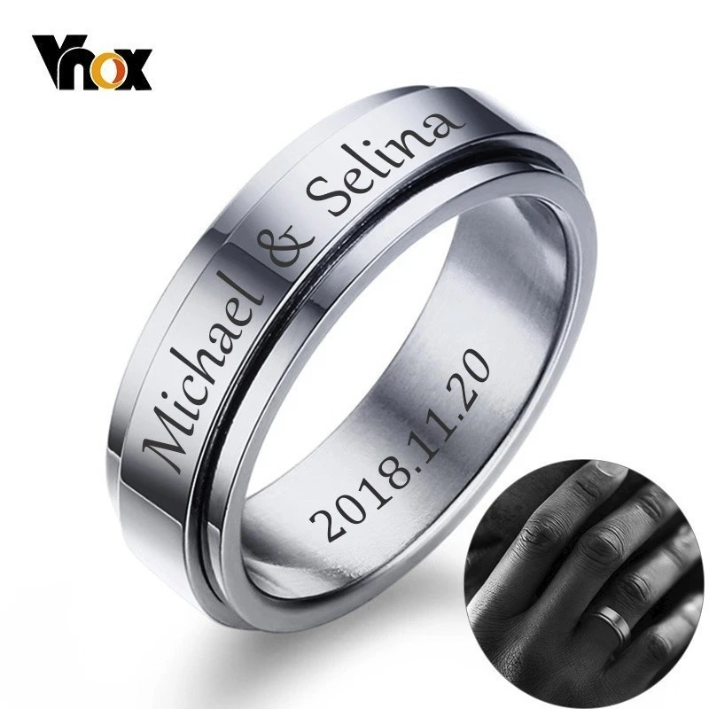 Vnox Personalized Spinner Ring for Men Women 6mm Stainless Steel Rotatable Wedding Band Custom Name Date Initial Male Tail Ring