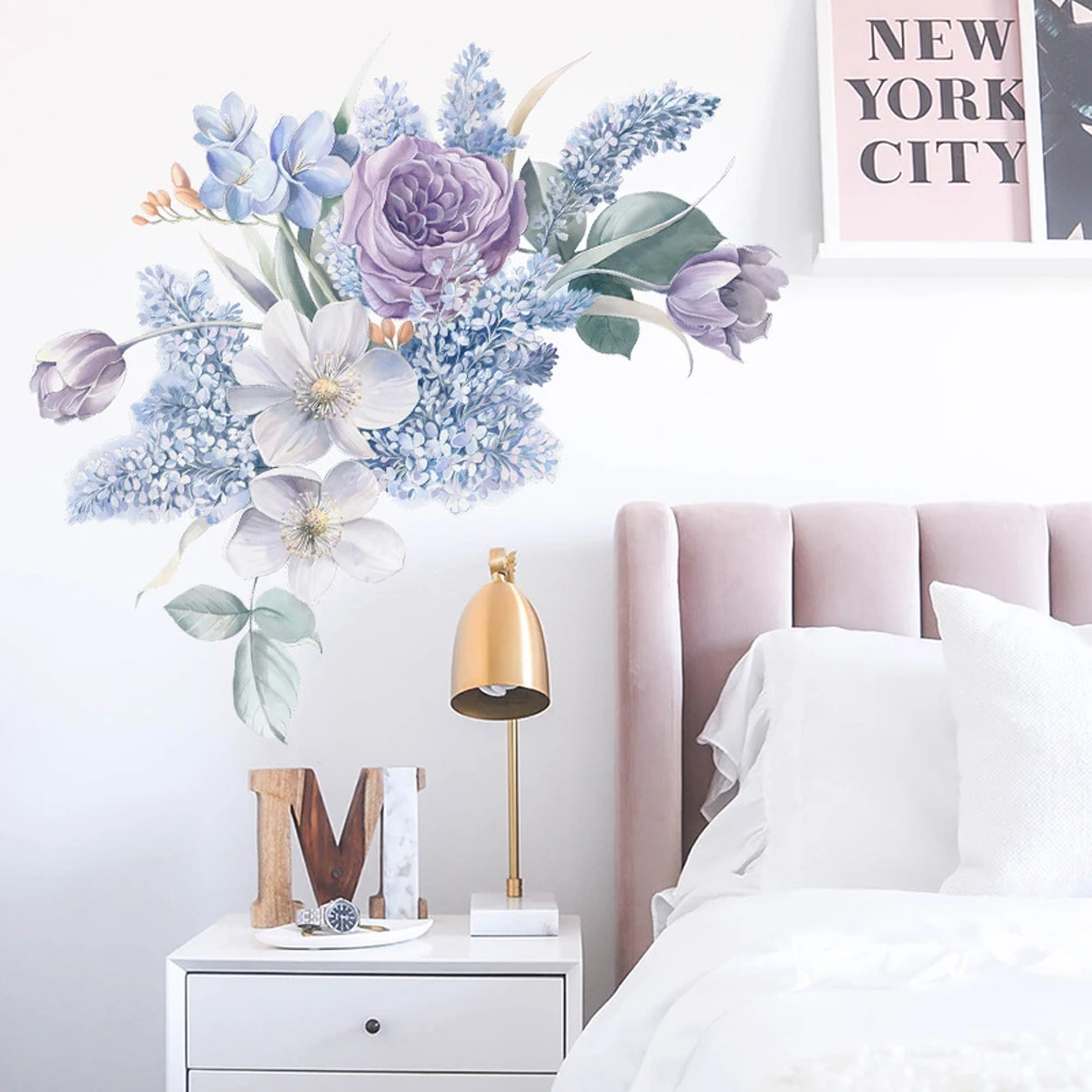 Romantic purple flowers Wall Sticker home wall decoration living room bedroom decor water color wallpaper self-adhesive stickers