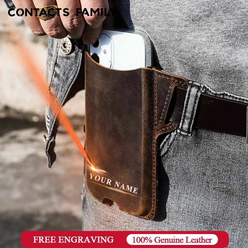 CONTACT'S FAMILY Men's Sports Running Mobile Phone Storage Belt Bag for 5.4-6.9 inch Cellphone iPhone 13 Pro MAX Leather Pockets