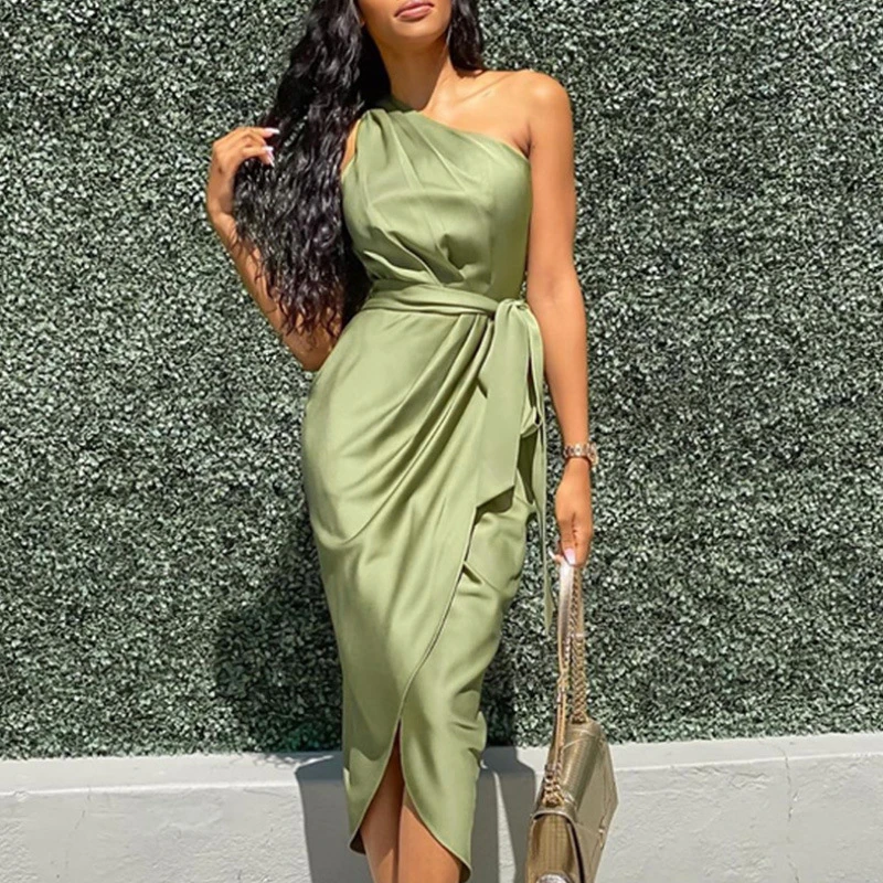 Green Sexy One Shoulder Satin Summer Dresses Women Asymmetrical Ruched Midi Evening Party Prom Dress Gown Bandage Plus Size Robe