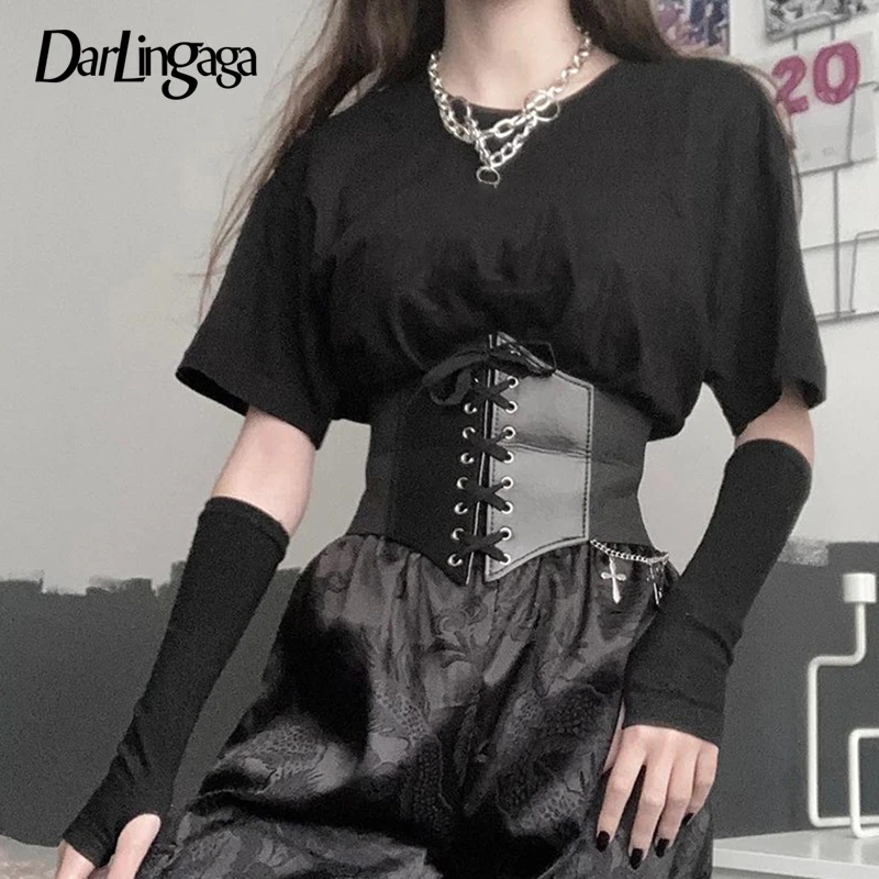 Darlingaga Gothic Dark Lace Up Crop Top Women Corset Belt Slim Cummerbunds PU Leather Top Harness Bustier Tops To Wear Out 2021