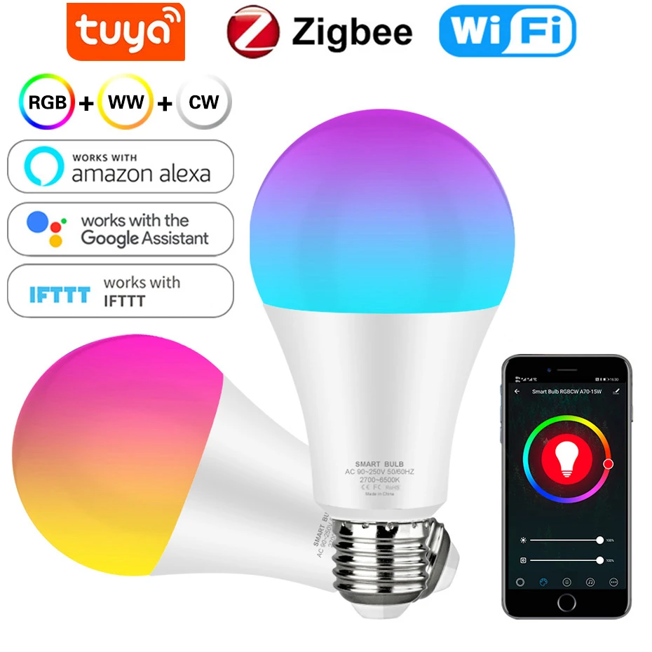 WiFi Smart Light Bulb 12w 15w Color Changing Light E27 RGB RGBW LED Bulb Dimmable Alexa Compatible Tuya Smart Life APP Google
