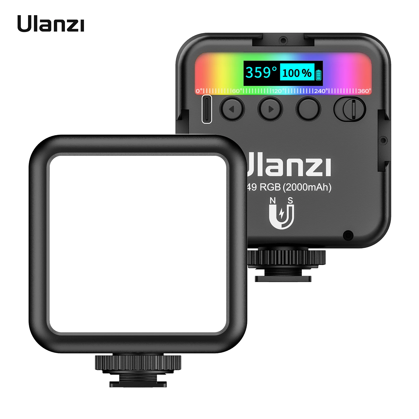 ulanzi VL49 RGB Pocket LED Video Light Photography Fill Light 2500K-9000K Dimmable CRI95+ Built-in Battery with Cold Shoe Mounts