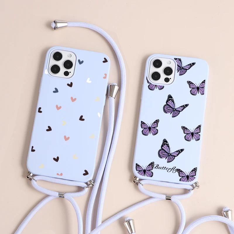 Cute Flower Butterfly Phone Case For iPhone 12 13 11 Pro XS MAX X Case Lanyard Neck Cord Rope Cover For iPhone 7 8 6 Plus SE2