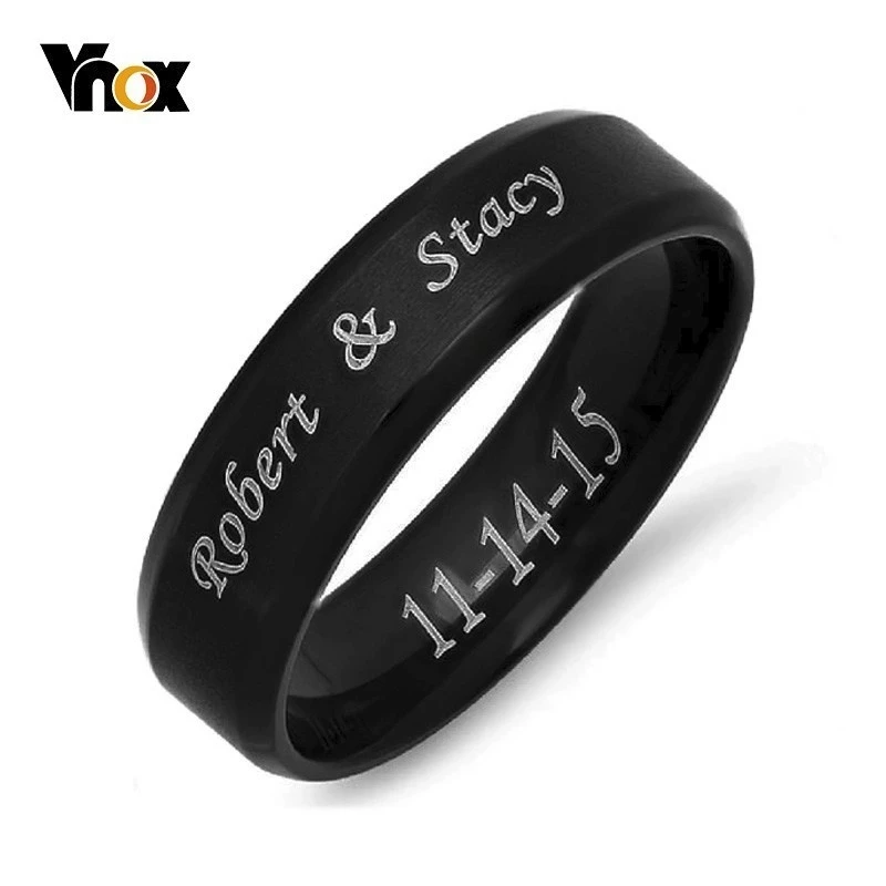 Vnox Personalize Stainless Steel Beveled Edge Brushed Center Ring for Men Women Black Wedding Band Custom Name Letter Date Ring