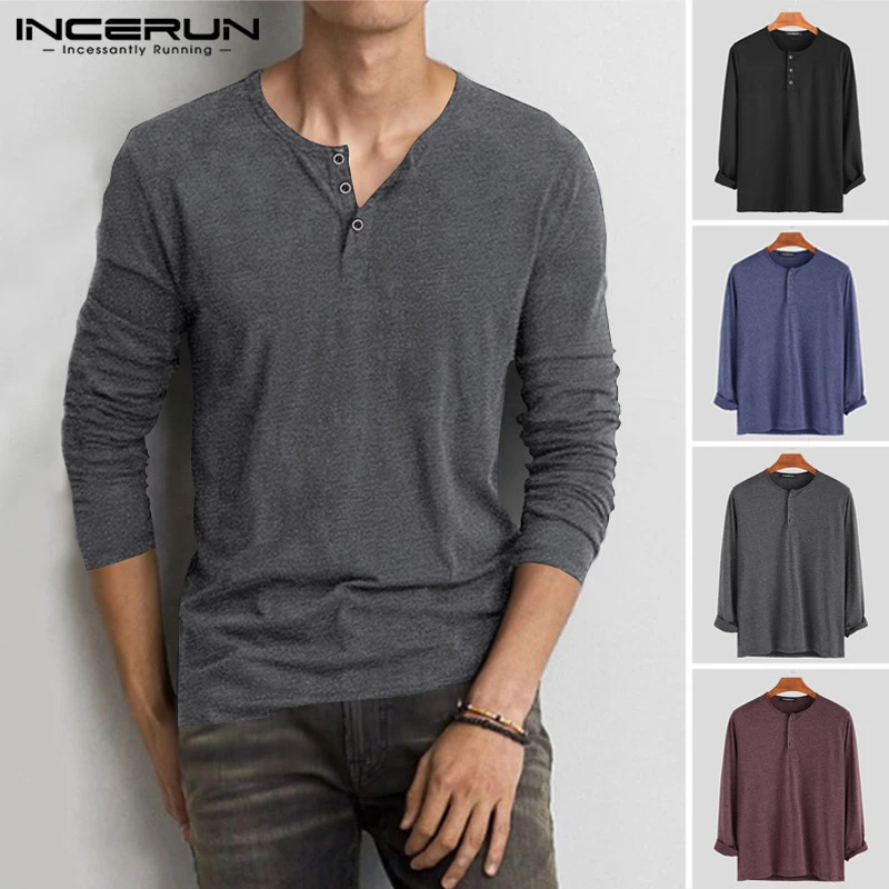 INCERUN Fashion Men T Shirt Cotton Long Sleeve Fitness O Neck Solid Color Button Casual Basic T-shirts Mens Camiseta Hombre 2021