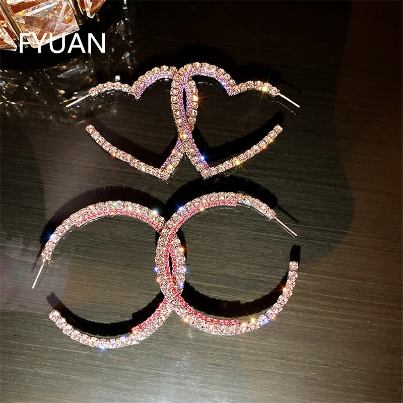 FYUAN Heart Round Crystal Drop Earrings for Women Bijoux Geometric Pink Purple Rhinestone Earrings Statement Jewelry