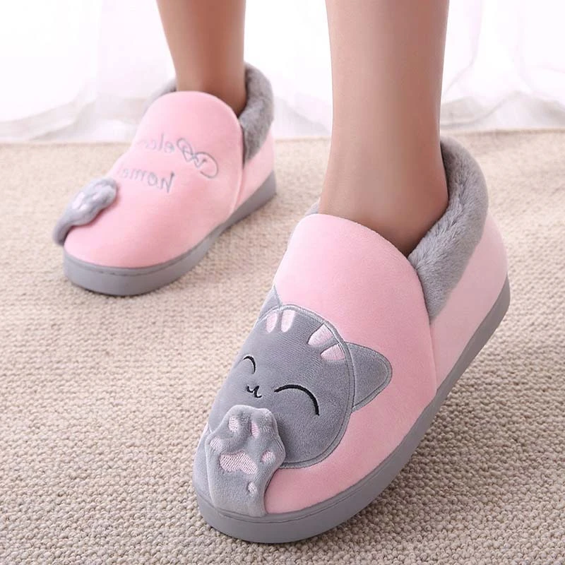 Women Winter Warm Home Slippers Couple Shoes Female Plush Cat Animal Slip On Soft Indoor Flats Comfort Ladies Man Plus Size