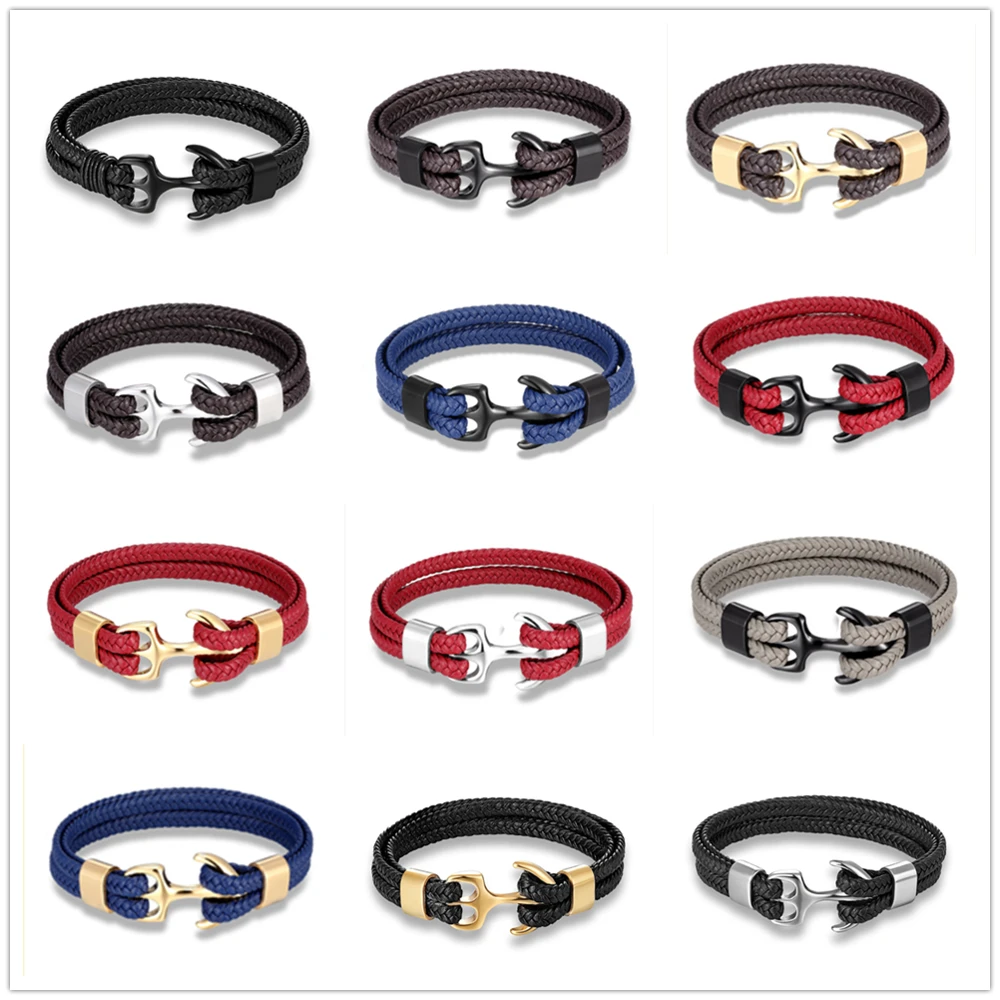 MKENDN Fashion Leather Bracelet for Men Black Braid Multilayer Rope Chain Stainless Steel Anchor Male Jewelry Pulseras Gifts