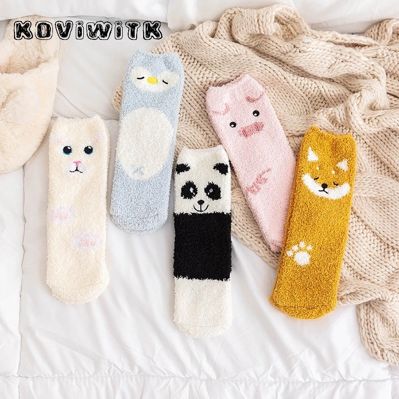 Fashion lovely Cartoon Animal Coral fleece Thick Socks for womens dog/panda/Cat Foot Cute black Sock Funny Girls Cat Hosiery Sox
