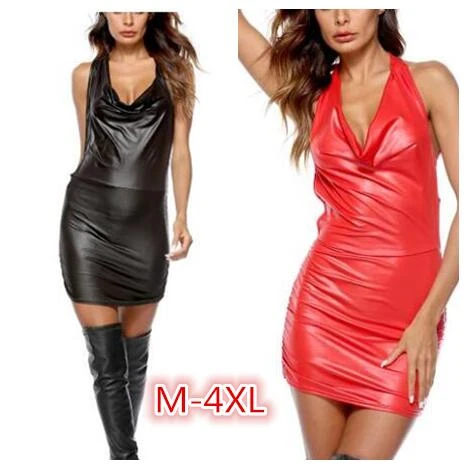 2022 The New Sexy Wetlook Backless Sling Dress Hot Pu Faux Leather Mini Shiny Dress Teddy Clubwear Sexy Latex Dress