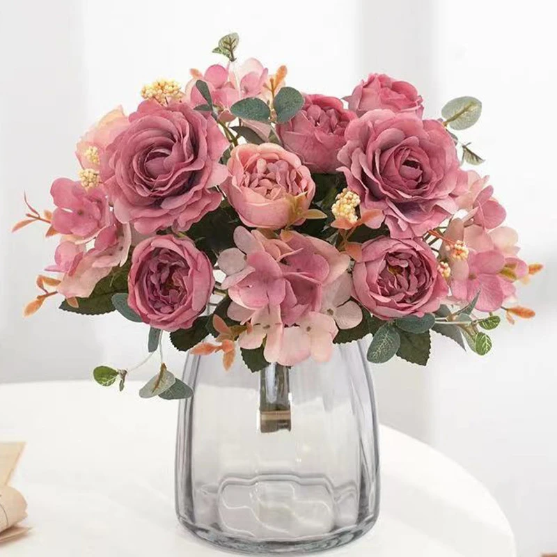 Beautiful Hydrangea Roses Artificial Flowers for Home Wedding Decorations High Quality Autumn Bouquet Mousse Peony Fake Flower