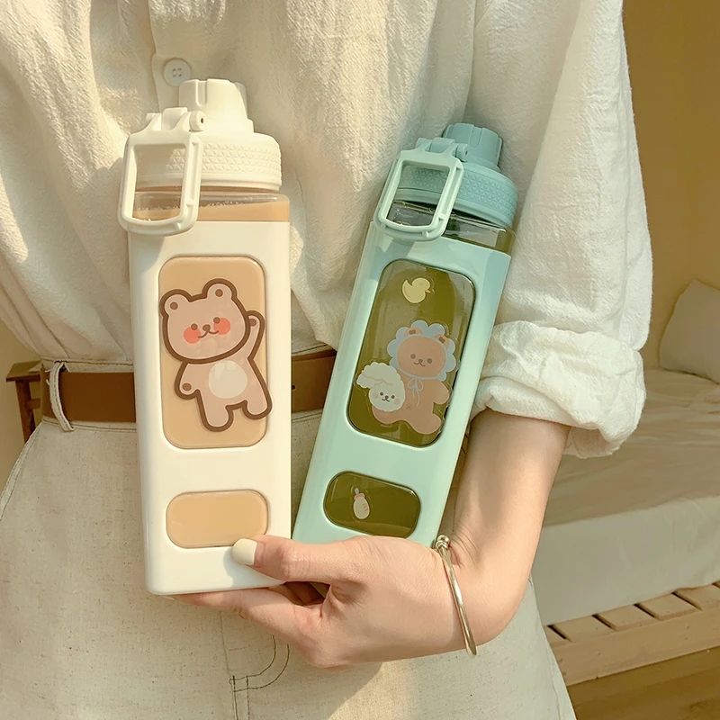 700/900ml Kawaii Bear Water Bottle With Straw For Girls Children Plastic Cute School Drinking Bottle Juice Tea Cups BPA Free