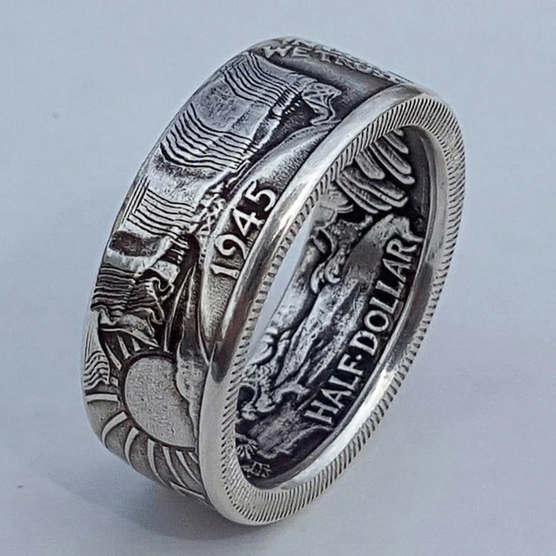 Huitan New US 1945 HALF DOLLAR Men Rings Commemorative Gift for Boyfriend Handmade Vintage Party Male Ring Jewelry Drop Shipping