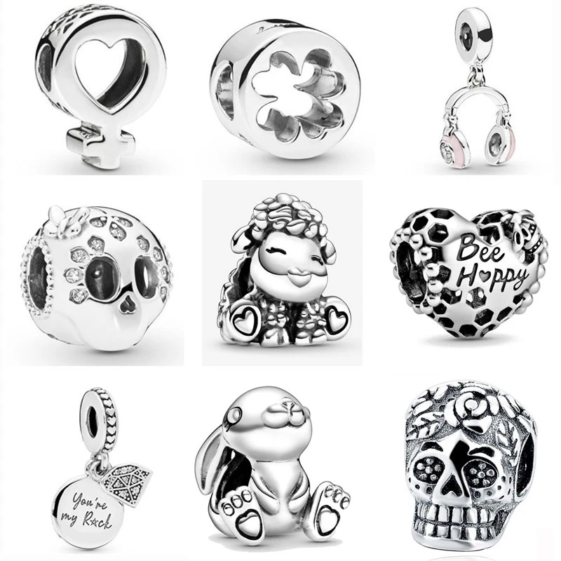 925 Sterling Silver rabbit be happly sheep skull clover  DIY fine beads Fit Original Pandora Charm Bracelet Jewelry F038