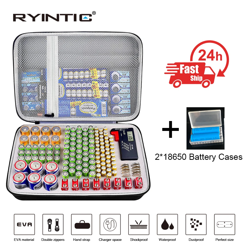 146 Pcs Portable Hard Shockproof EVA AA/AAA/C/D/9V Battery Case Box Storage Organizer Holder for Tester Extra Space for Charger