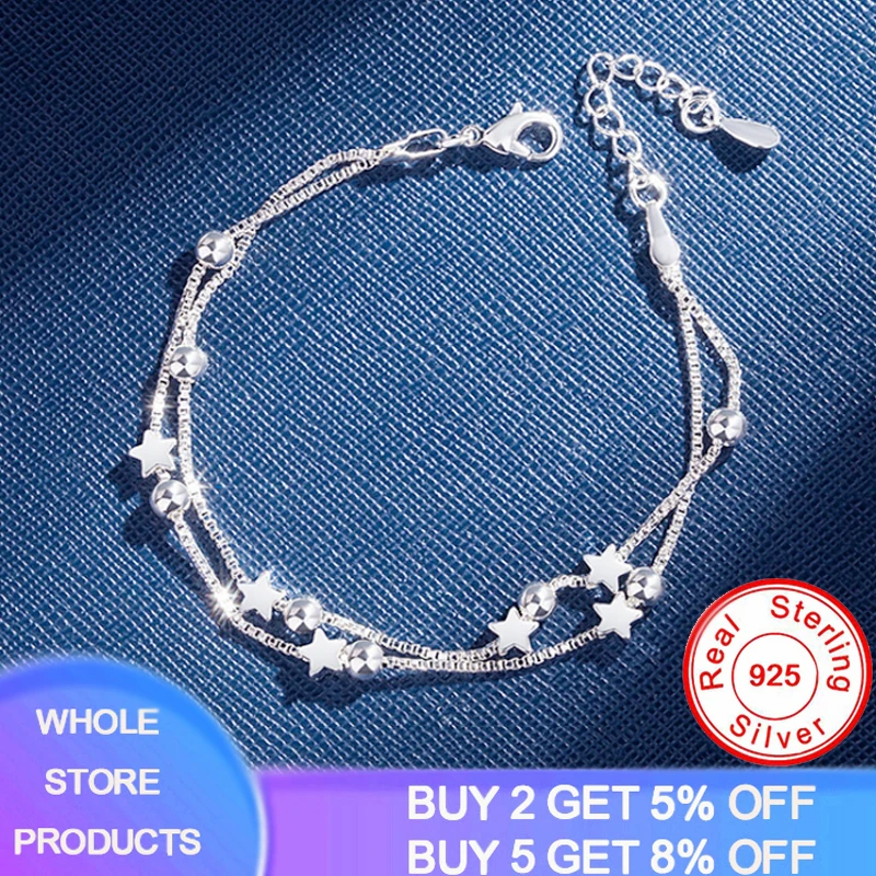 YANHUI 925 Sterling Silver Double Layers Stars Beads Bracelets For Women Elegant Box Chain Charm Bracelet Birthday Party Gift