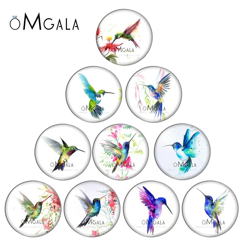 New Watercolor Painting Birds Pictures 10pcs mix 12mm/16mm/18mm/25mm Round photo glass cabochon demo flat back Making findings