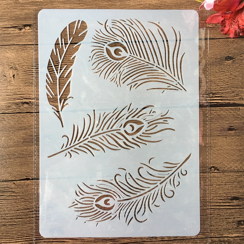 A4 Peacock Feather DIY Craft Layering Stencils Painting Scrapbooking Stamping Embossing Album Paper Card Template