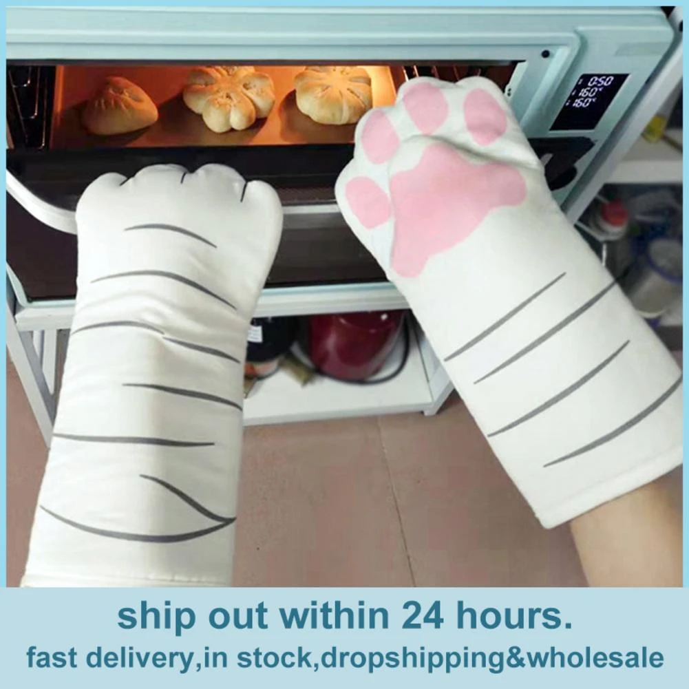 3D Cartoon Cat Paws Oven Mitts Long Cotton Baking Insulation Microwave Heat Resistant Non-slip Gloves Animal 1PC