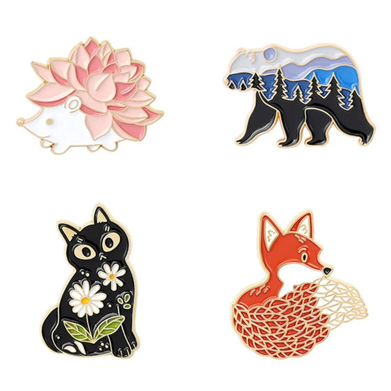 Forest Garden Enamel Pin Custom Fox Cat Bear Hedgehog Brooches Bag Lapel Pin Cartoon Animal Badge Jewelry Gift for Kids Friends