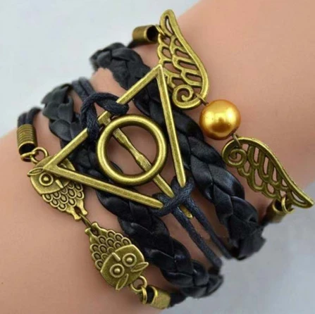 Harri Potter Death Hallows Action Figure Retro Leather Cord Bracelet death snitch Wings owl Triangle Multilayer Bracelet