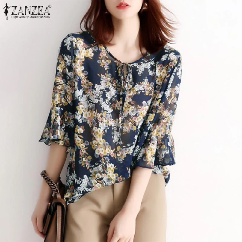 Women Chiffon Blouse ZANZEA 2021 Summer Lace Up Print Tunic Casual Middle Floral Sleeve O-neck Top Lady Blusa Femme 7
