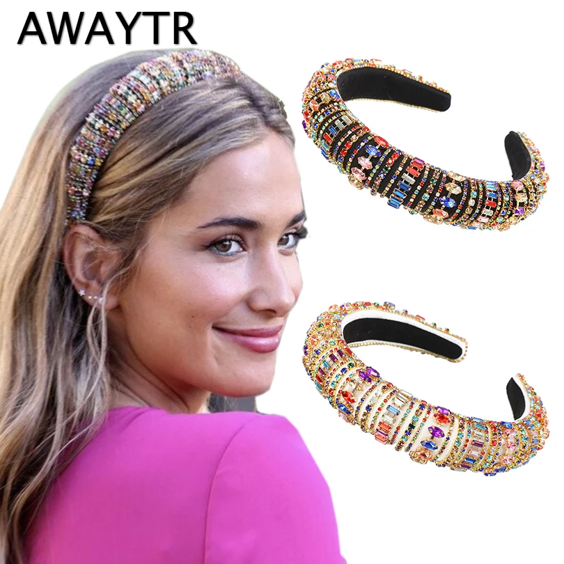 AWAYTR Sparkly Padded Colorful Rhinestones Headbands Full Crystal Luxurious Limited Edition Hairbands Women Baroque Headband