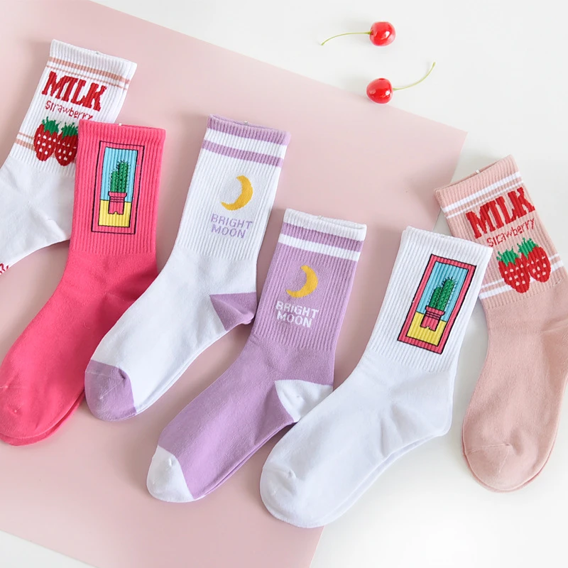 Women's Socks Japanese Cotton Colorful Cartoon Cute Funny Happy kawaii Moon strawberry cactus Socks for Girl