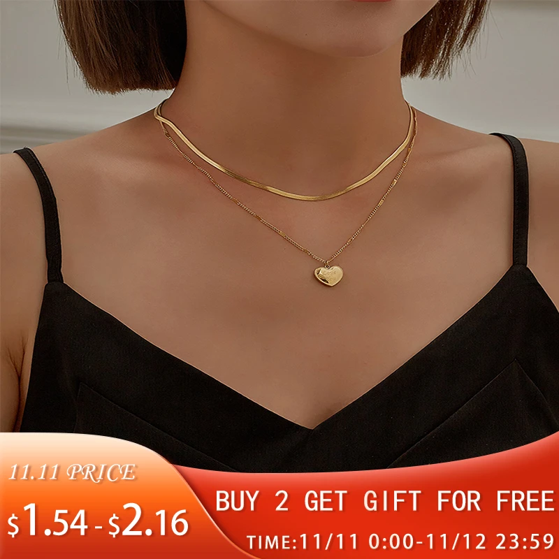 2 Layer Necklaces Women Gold Chain Heart Engraving Love You Charm Stainless Steel Pendant Necklace Wedding Party Glamour Jewelry