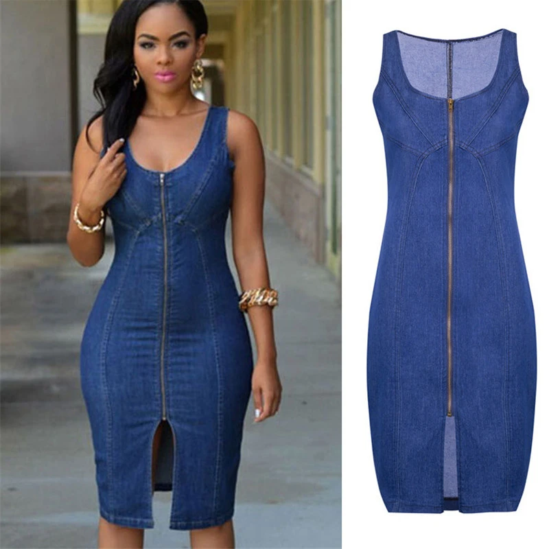 Women's Summer Sleeveless Denim Dress Slim Zipper Jeans Dress Fashion Casual Office Lady Clothing M-2XL 2020 New Arrival