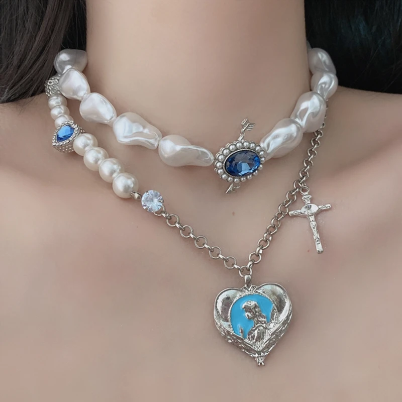 MENGJIQIAO 2021 Fashion Vintage Irregular Pearl Necklace For Women Ladies Elegant Metal Blue Heart Pendent Choker Party Jewelry