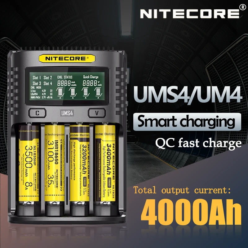 NITECORE UMS4 Battery charger QC Fast Charge 4A with 4 Slots Output LCD Display For 18650 14500 16340 26650 21700 AA AAA Battery