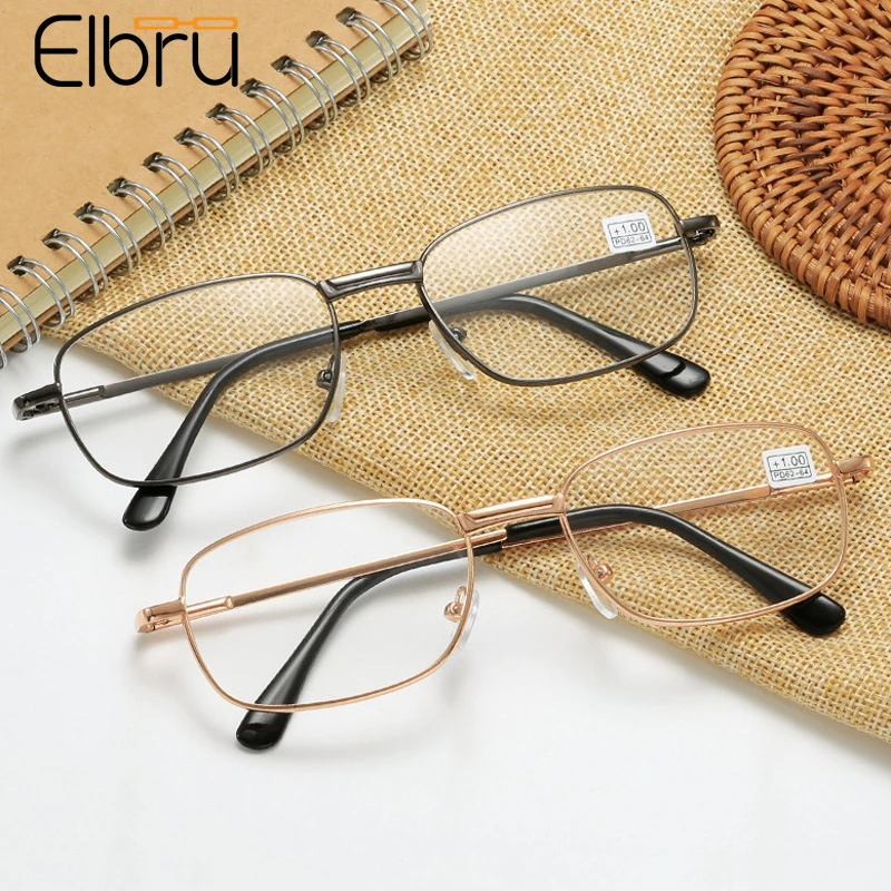 Elbru Metal Reading Glasses Square Frame Elderly Spectacles Comfortable Presbyopic Glasses Spring Glasses For Men and Women