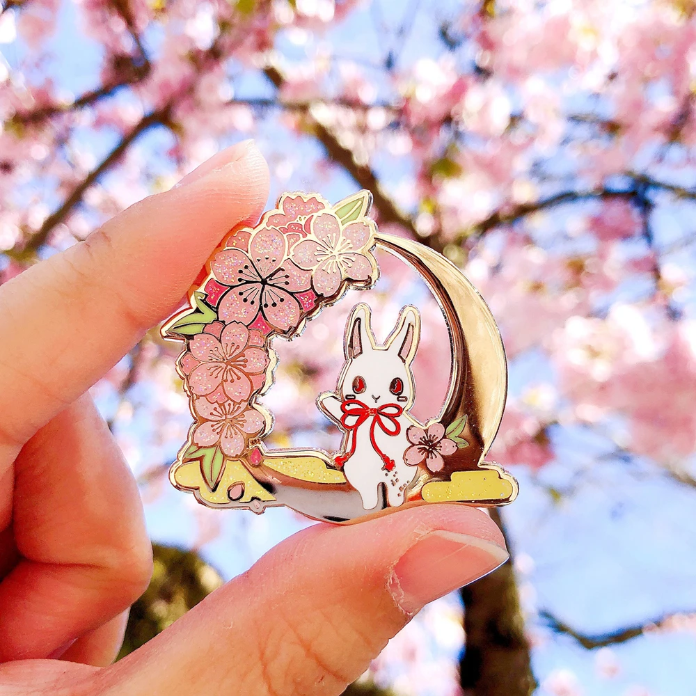 Beautiful Cute Eclipses Blossom Bunny Hard Enamel Pin Fashion Cartoon Animals Pastel Cherry Blossoms Brooch Medal Jewelry Gift