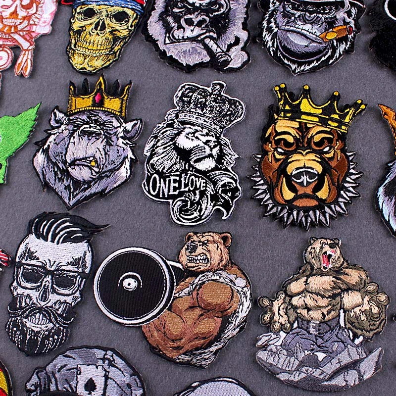 Punk Patch Embroidered Patches For Clothing King Lion Bear Embroidery Patch Iron On Patches For Clothes Applique Skull Badge DIY