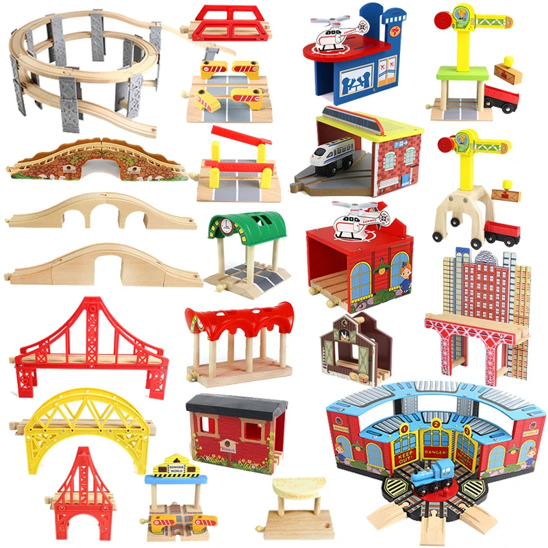 Wooden Track Railway Accessories Bridge Train Station Tunnel Cross Compatible All Brands Wood Track Educational Toys for Kids